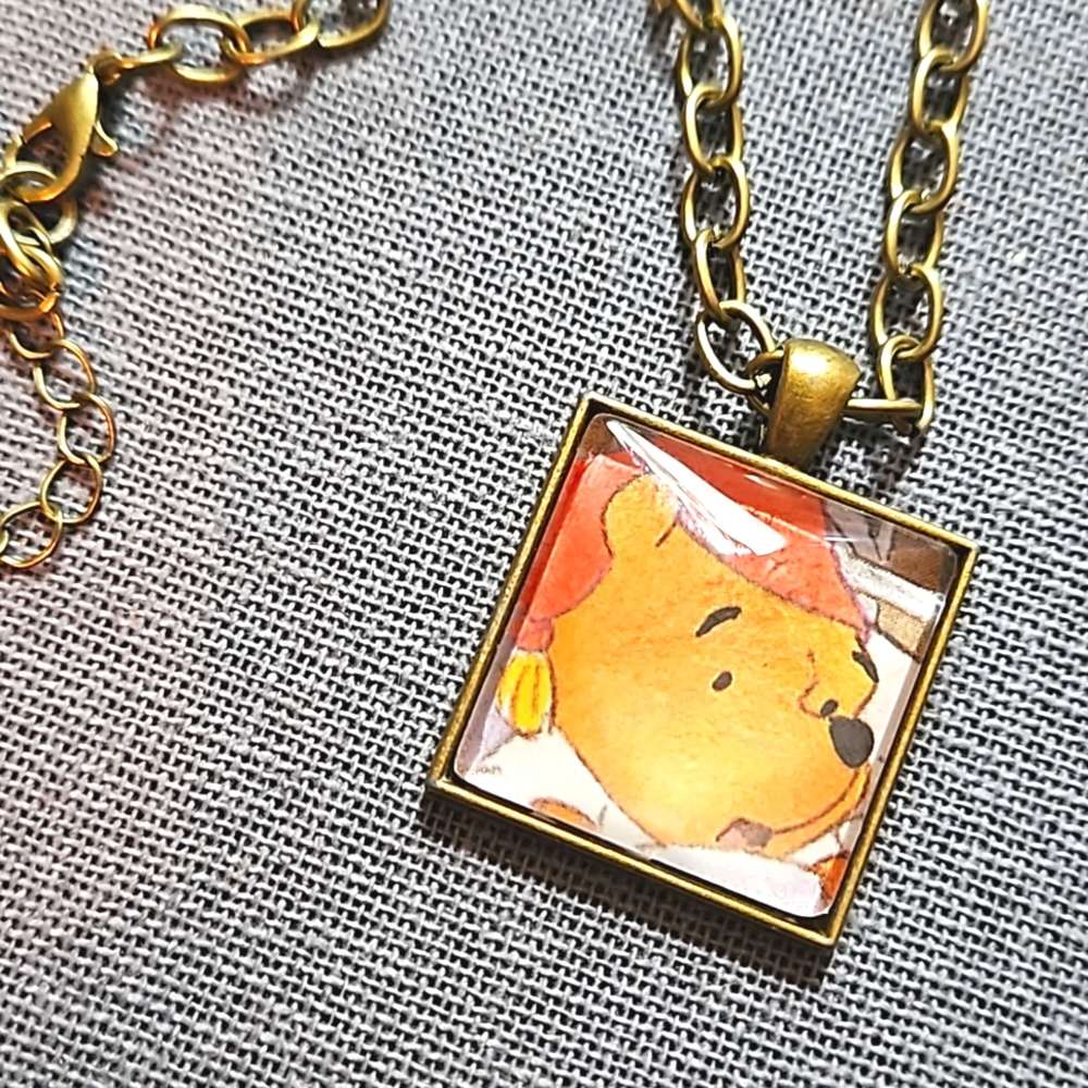 1970s Winnie the Pooh children's book page necklace brass ooak upcycled